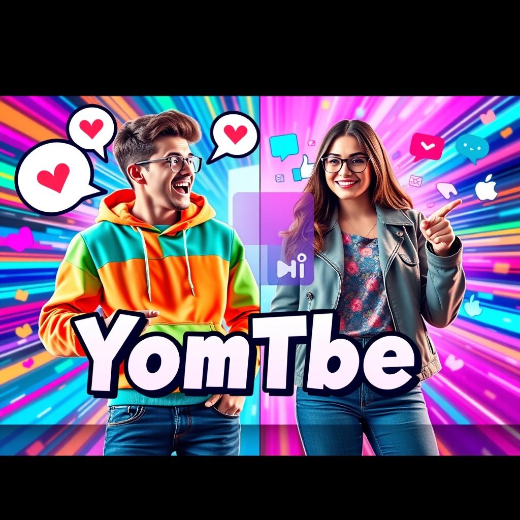 A vibrant and eye-catching YouTube thumbnail featuring a dynamic split-screen design, showcasing two engaging characters interacting in an exciting environment