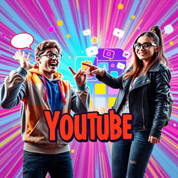 A vibrant and eye-catching YouTube thumbnail featuring a dynamic split-screen design, showcasing two engaging characters interacting in an exciting environment