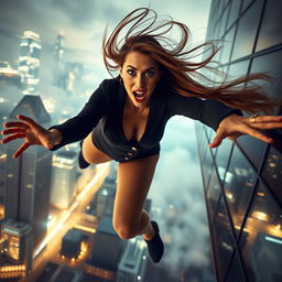 A sexy woman with long flowing hair in a fashionable outfit, showcasing her curves, is dramatically falling off a skyscraper