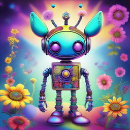 A high-quality digital art image featuring a robot alien with a hippie aesthetic