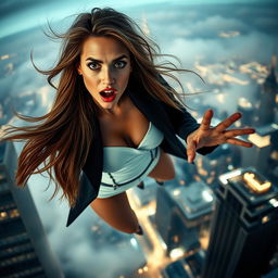 A sexy woman with long flowing hair in a fashionable outfit, showcasing her curves, is dramatically falling off a skyscraper
