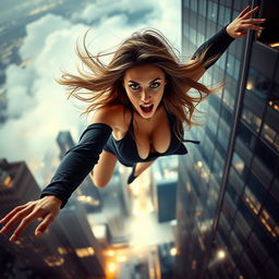 A sexy woman with long flowing hair in a fashionable outfit, showcasing her curves, is dramatically falling off a skyscraper