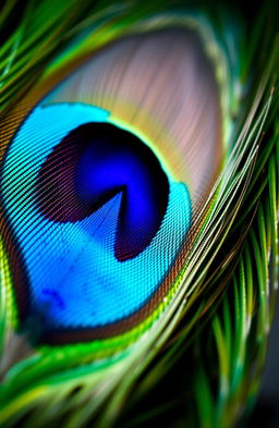 A stunning close-up image of a peacock feather, showcasing its vibrant and intricate eye pattern