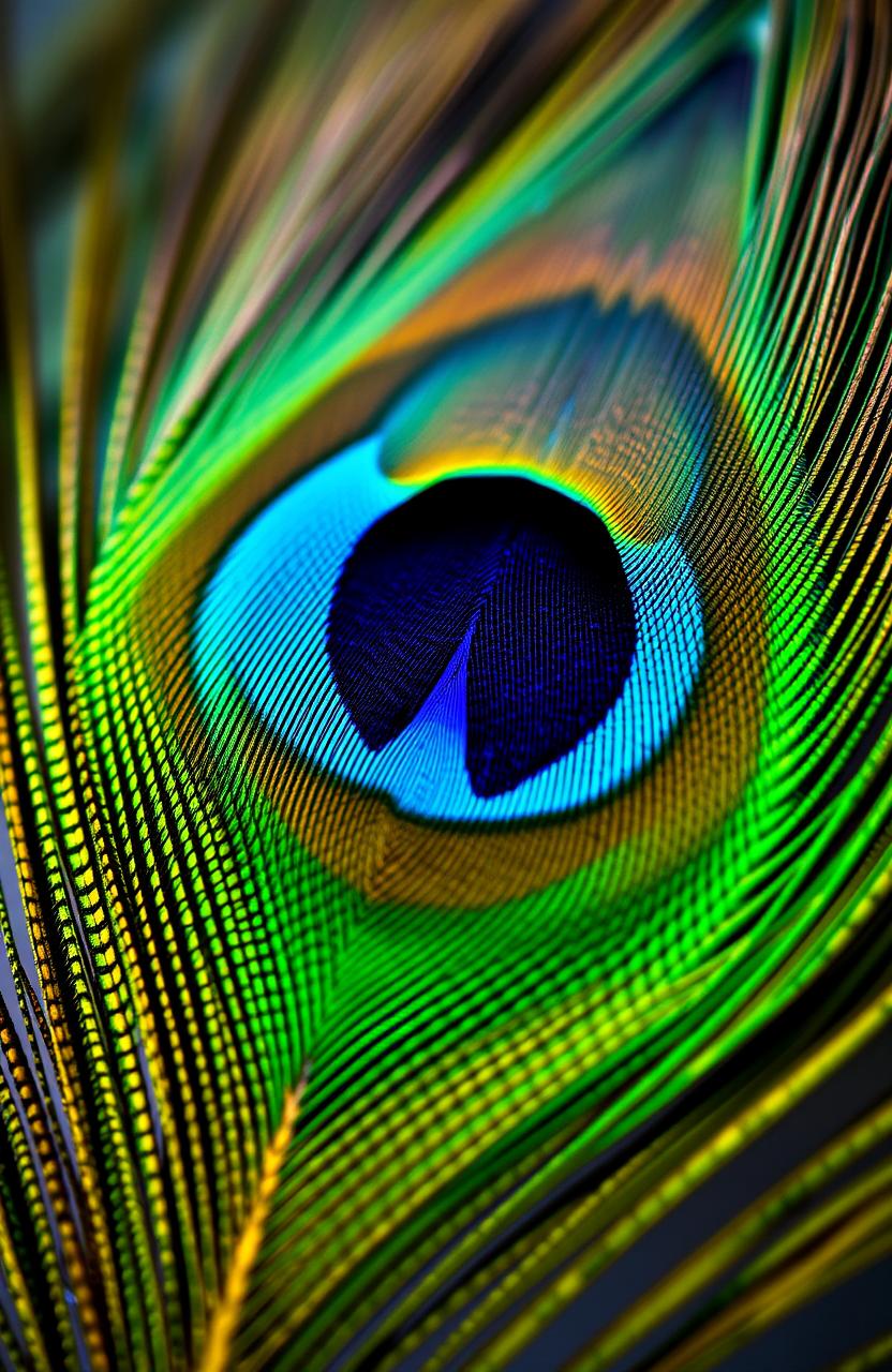 A stunning close-up image of a peacock feather, showcasing its vibrant and intricate eye pattern