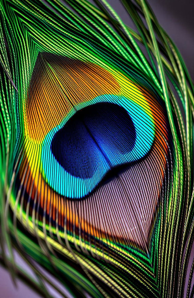 A stunning close-up image of a peacock feather, showcasing its vibrant and intricate eye pattern