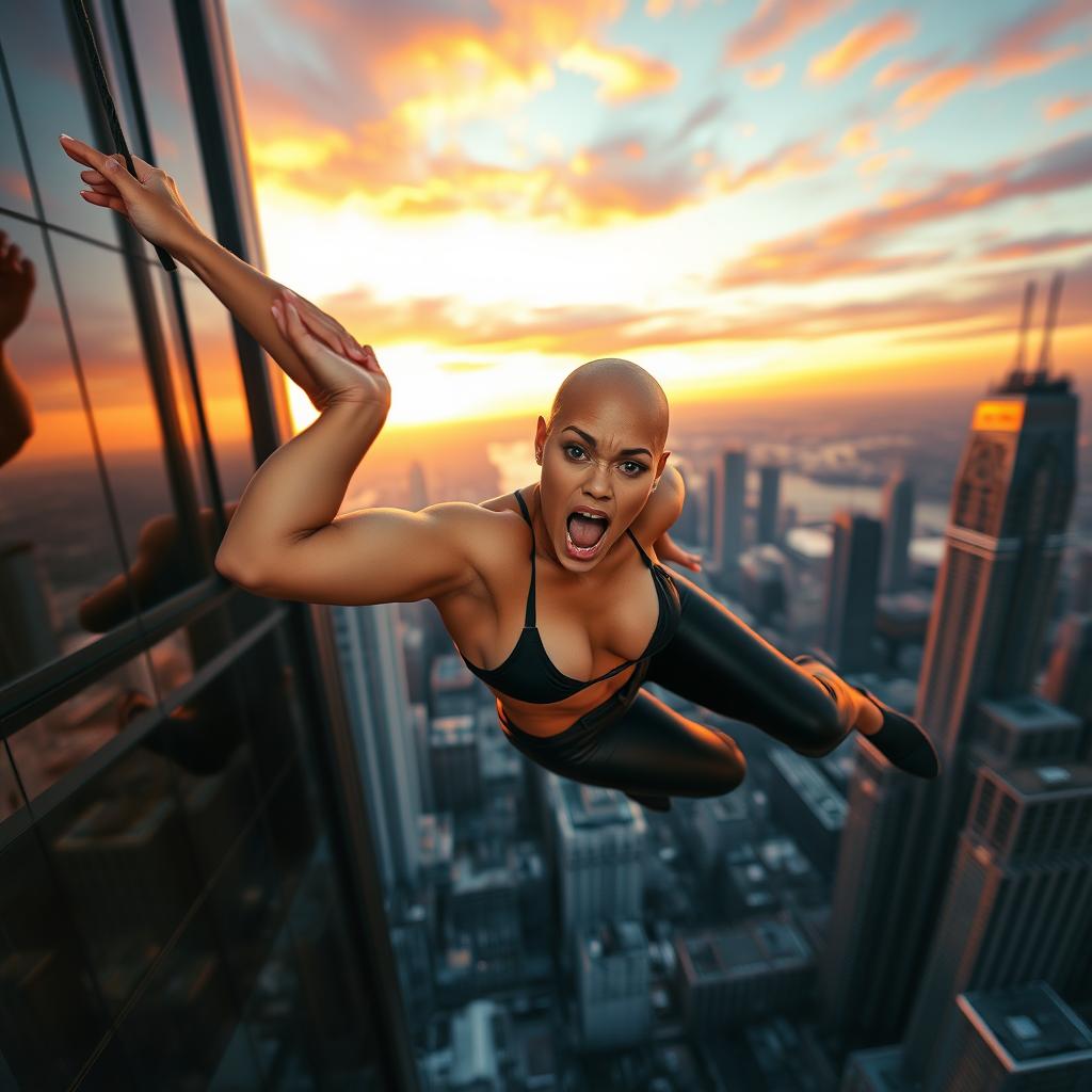 A sexy bald woman with an athletic build falling off a skyscraper, her expression one of fear and shock