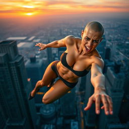 A sexy bald woman with an athletic build falling off a skyscraper, her expression one of fear and shock