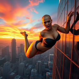 A sexy bald woman with an athletic build falling off a skyscraper, her expression one of fear and shock