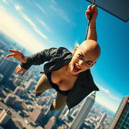 A sexy bald woman with a confident yet scared expression, dynamic pose as she falls off a skyscraper, urban cityscape in the background, vibrant blue sky, flying hair visible despite her baldness, details such as stylish clothing accentuating her figure, dramatic shadows and highlights to enhance the emotion of the scene, with a sense of motion as she descends rapidly, capturing both beauty and suspense in one frame