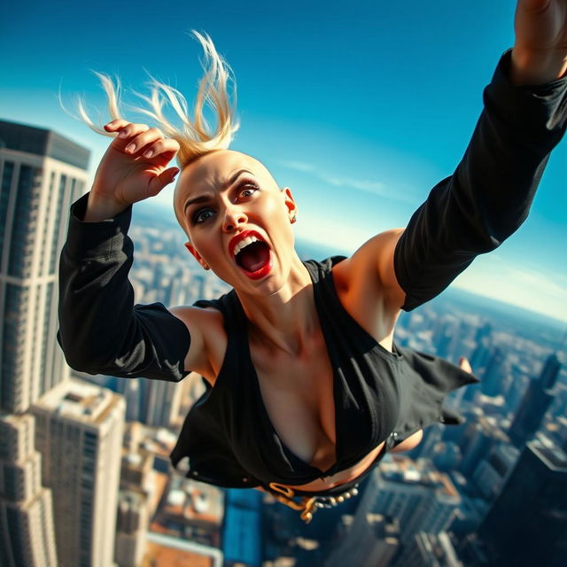 A sexy bald woman with a confident yet scared expression, dynamic pose as she falls off a skyscraper, urban cityscape in the background, vibrant blue sky, flying hair visible despite her baldness, details such as stylish clothing accentuating her figure, dramatic shadows and highlights to enhance the emotion of the scene, with a sense of motion as she descends rapidly, capturing both beauty and suspense in one frame