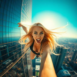 A sexy blonde woman in a stylish outfit, her long hair flowing dramatically as she falls off a modern skyscraper