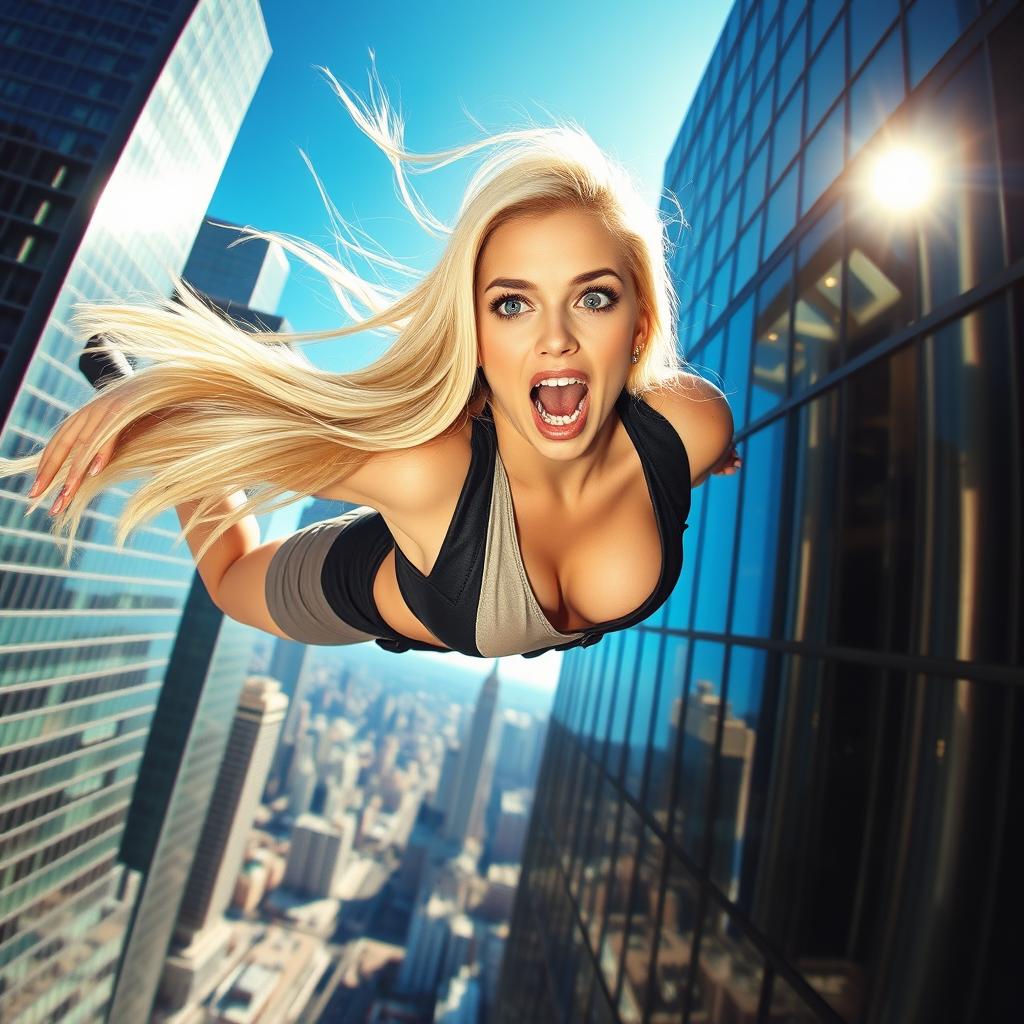 A sexy blonde woman in a stylish outfit, her long hair flowing dramatically as she falls off a modern skyscraper