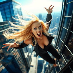 A sexy blonde woman in a stylish outfit, her long hair flowing dramatically as she falls off a modern skyscraper