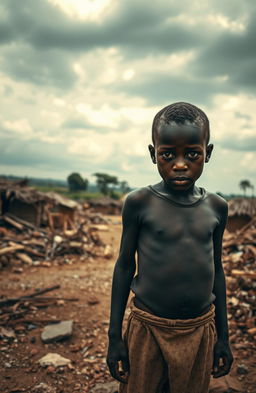 A poignant scene depicting a war-torn African village, showcasing the struggles and resilience of its inhabitants