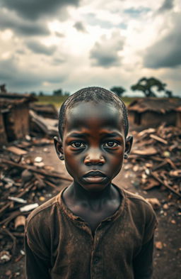 A poignant scene depicting a war-torn African village, showcasing the struggles and resilience of its inhabitants