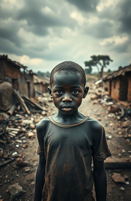 A poignant scene depicting a war-torn African village, showcasing the struggles and resilience of its inhabitants