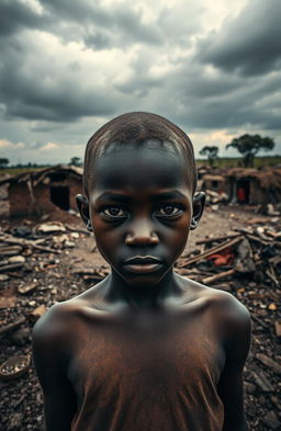 A poignant scene depicting a war-torn African village, showcasing the struggles and resilience of its inhabitants
