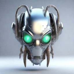 A high-resolution 3D render of a robot alien head