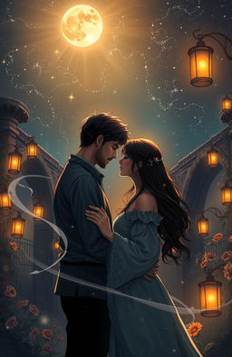 An enchanting scene depicting a couple reuniting under a starlit sky, their eyes locked in an intimate gaze, surrounded by the soft glow of lanterns that cast a warm light