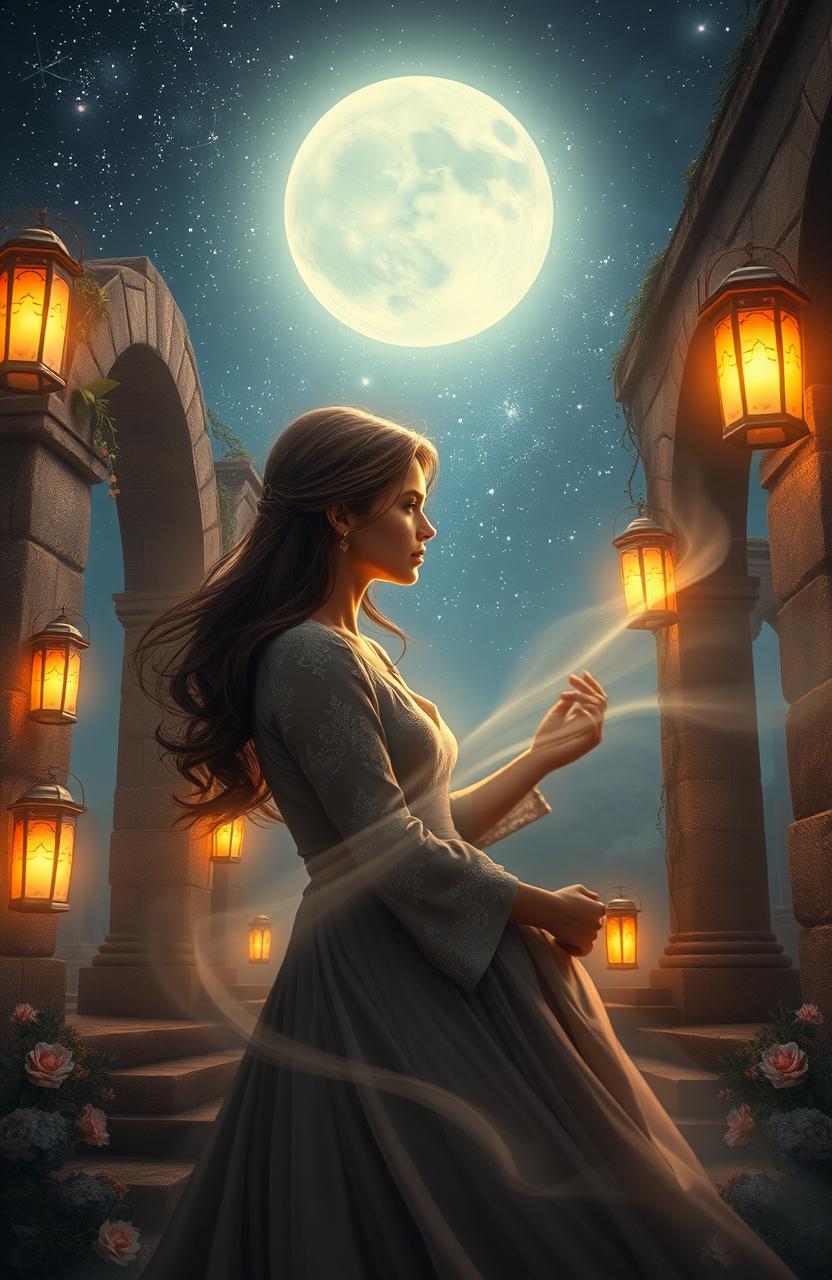 An enchanting scene depicting a couple reuniting under a starlit sky, their eyes locked in an intimate gaze, surrounded by the soft glow of lanterns that cast a warm light