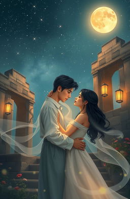 An enchanting scene depicting a couple reuniting under a starlit sky, their eyes locked in an intimate gaze, surrounded by the soft glow of lanterns that cast a warm light