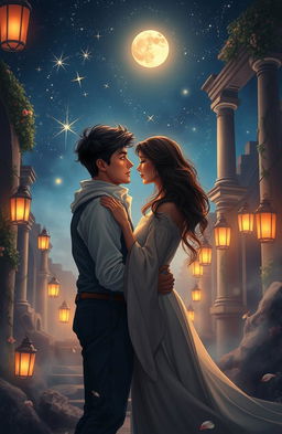 An enchanting scene depicting a couple reuniting under a starlit sky, their eyes locked in an intimate gaze, surrounded by the soft glow of lanterns that cast a warm light