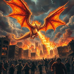 A dramatic scene depicting a colossal, fiery creature resembling a dragon, with massive wings spread wide, soaring above a crumbling cityscape
