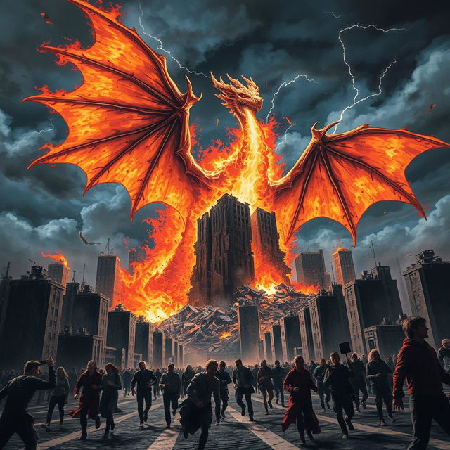 A dramatic scene depicting a colossal, fiery creature resembling a dragon, with massive wings spread wide, soaring above a crumbling cityscape