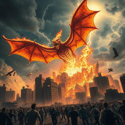 A dramatic scene depicting a colossal, fiery creature resembling a dragon, with massive wings spread wide, soaring above a crumbling cityscape