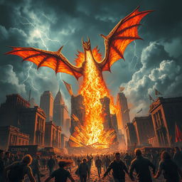 A dramatic scene depicting a colossal, fiery creature resembling a dragon, with massive wings spread wide, soaring above a crumbling cityscape