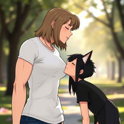 A tall, muscular girl with toned arms and a confident smile, hair styled to shoulder length, leaning in for a kiss with a shorter girl sporting a black wolf cut, who has a relaxed and whimsical expression