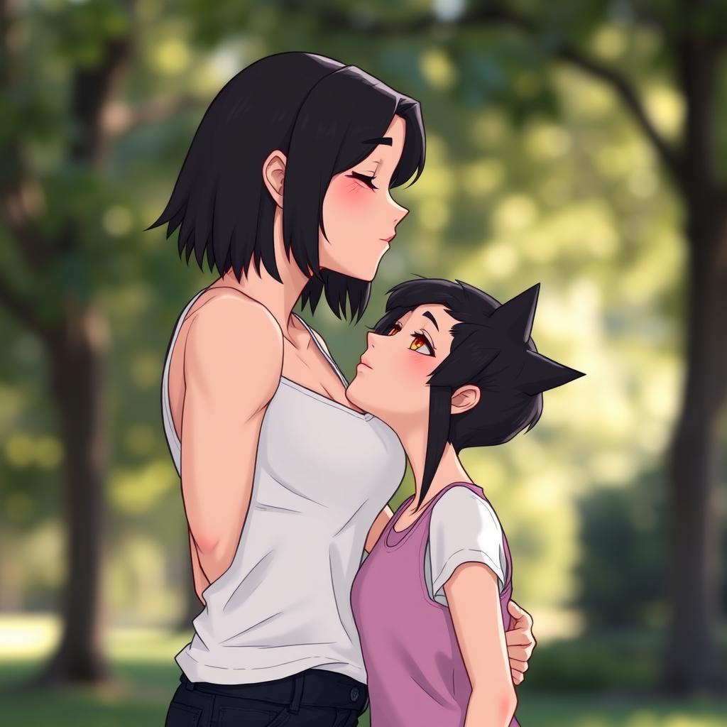 A tall, muscular girl with toned arms and a confident smile, hair styled to shoulder length, leaning in for a kiss with a shorter girl sporting a black wolf cut, who has a relaxed and whimsical expression