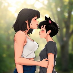 A tall, muscular girl with toned arms and a confident smile, hair styled to shoulder length, leaning in for a kiss with a shorter girl sporting a black wolf cut, who has a relaxed and whimsical expression