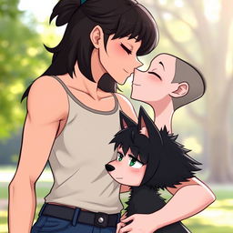 A tall, muscular girl with toned arms and a confident smile, hair styled to shoulder length, leaning in for a kiss with a shorter girl sporting a black wolf cut, who has a relaxed and whimsical expression