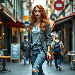 A realistic woman around 40 years old of European descent, featuring long red hair, dressed in stylish yet comfortable everyday attire
