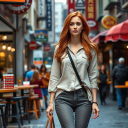 A realistic woman around 40 years old of European descent, featuring long red hair, dressed in stylish yet comfortable everyday attire