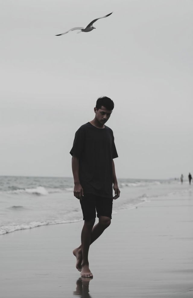 A solitary man walking along a serene beach, his expression reflecting sadness and introspection