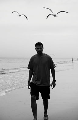 A solitary man walking along a serene beach, his expression reflecting sadness and introspection