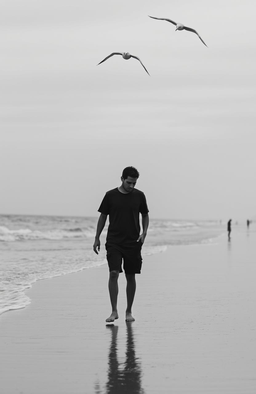 A solitary man walking along a serene beach, his expression reflecting sadness and introspection