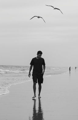 A solitary man walking along a serene beach, his expression reflecting sadness and introspection