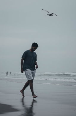 A solitary man walking along a serene beach, his expression reflecting sadness and introspection
