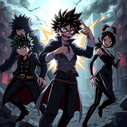 A dynamic scene featuring the Class 1-A characters from My Hero Academia reimagined as villains