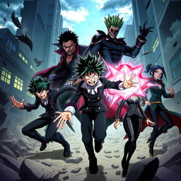 A dynamic scene featuring the Class 1-A characters from My Hero Academia reimagined as villains