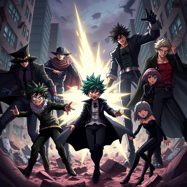 A dynamic scene featuring the Class 1-A characters from My Hero Academia reimagined as villains