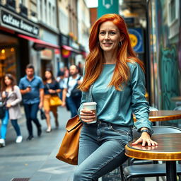 A realistic woman around 40 years old of European descent, featuring long red hair, dressed in trendy and comfortable everyday clothing