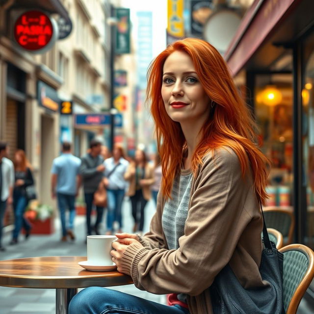 A realistic woman around 40 years old of European descent, featuring long red hair, dressed in trendy and comfortable everyday clothing
