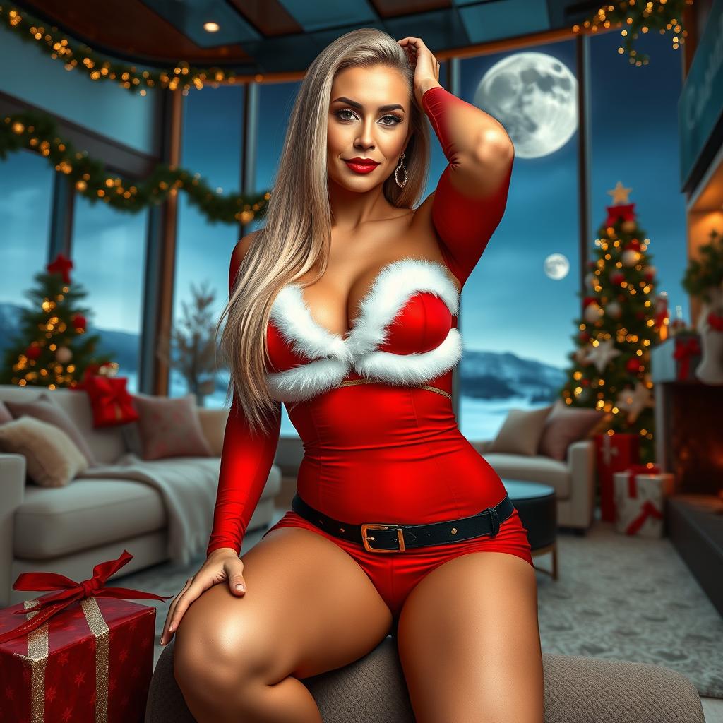 A full-body image of a beautiful 50-year-old mature woman with Venezuelan features, wearing a sexy red Santa's helper outfit, short and fitted with golden details