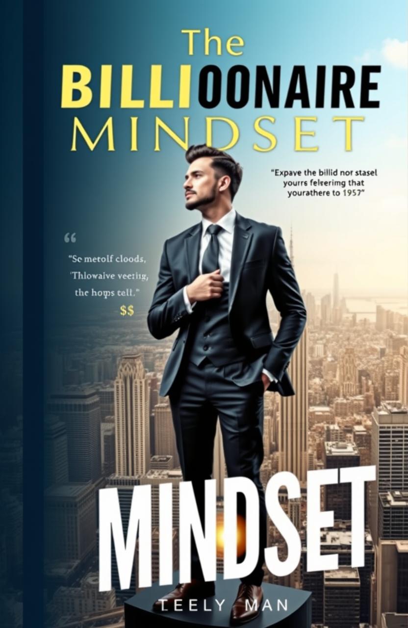 A professional e-book cover featuring the concept of billionaire mindset, showcasing a confident and successful business person standing atop a city skyline, with a panoramic view of a bustling metropolis in the background