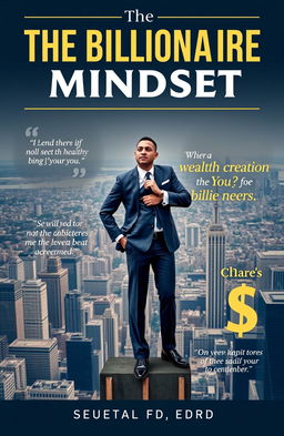 A professional e-book cover featuring the concept of billionaire mindset, showcasing a confident and successful business person standing atop a city skyline, with a panoramic view of a bustling metropolis in the background