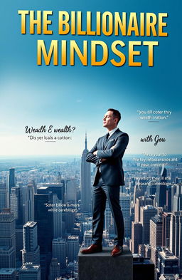 A professional e-book cover featuring the concept of billionaire mindset, showcasing a confident and successful business person standing atop a city skyline, with a panoramic view of a bustling metropolis in the background